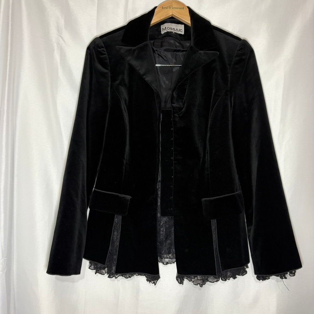 Vintage 90s y2k Mossaic Black Velvet Lace Trim Blazer Jacket Hook Eye Size 8 USA
